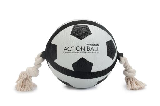 Beeztees action voetbal met touw - hondenspeelgoed - 22 cm