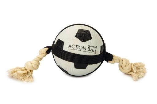 Afbeelding beeztees action voetbal met touw - hondenspeelgoed - 12,5 cm door Tuinexpress.nl