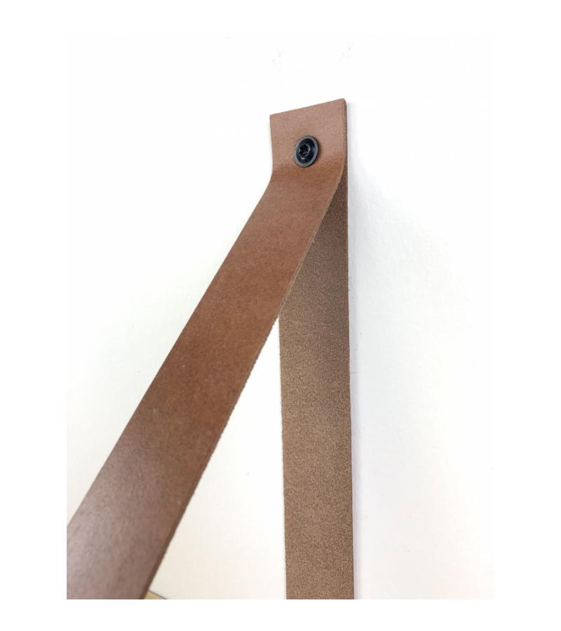 Eiken wandplank massief recht 100 x 25 cm inclusief leren riemen bruin