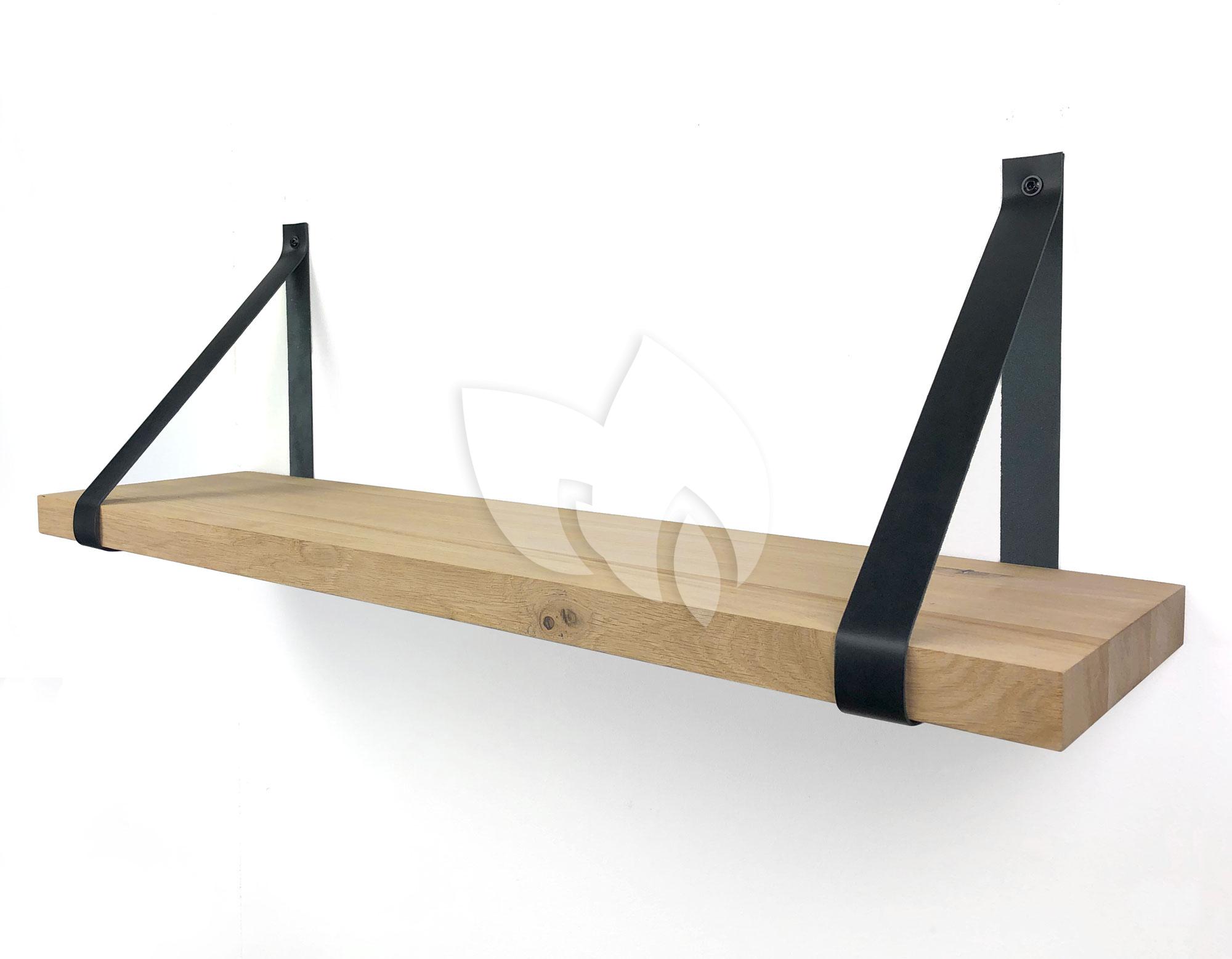 olie animatie Stun Wood Brothers Eiken wandplank massief recht 100 x 25 cm inclusief leren  riemen zwart | Tuinexpress.nl
