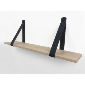 Dagaanbieding - Eiken 18mm wandplank recht 140 x 30 cm inclusief leren riemen zwart dagelijkse koopjes