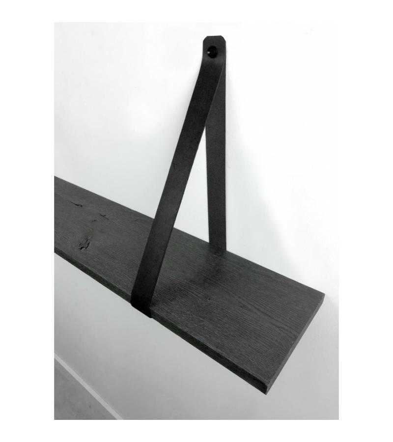 Eiken 18mm wandplank recht zwart 60 x 20 cm inclusief leren riemen zwart