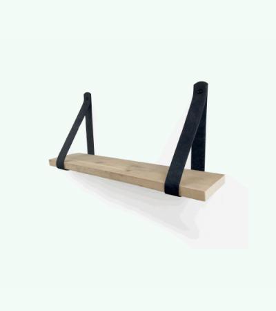 Steigerhout wandplank gebruikt 110 x 20 cm inclusief leren riemen zwart