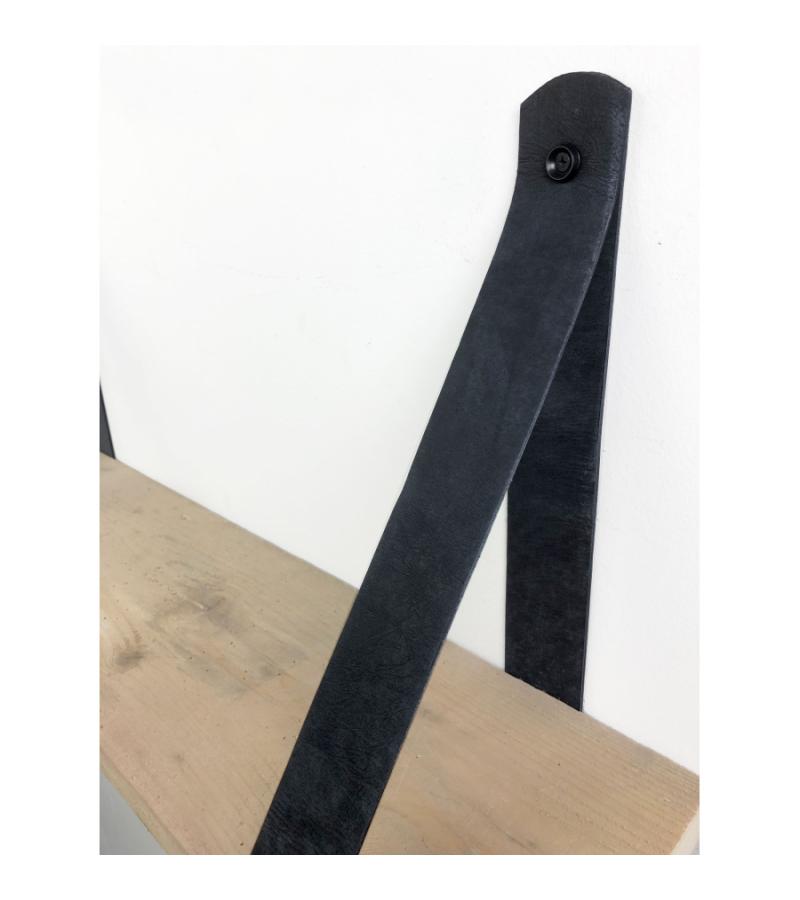 Steigerhout wandplank gebruikt 60 x 20 cm inclusief leren riemen zwart
