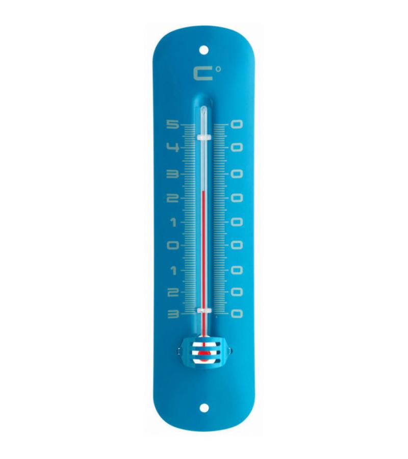 Metalen thermometer 19 cm blauw voor gebruik binnen en buiten