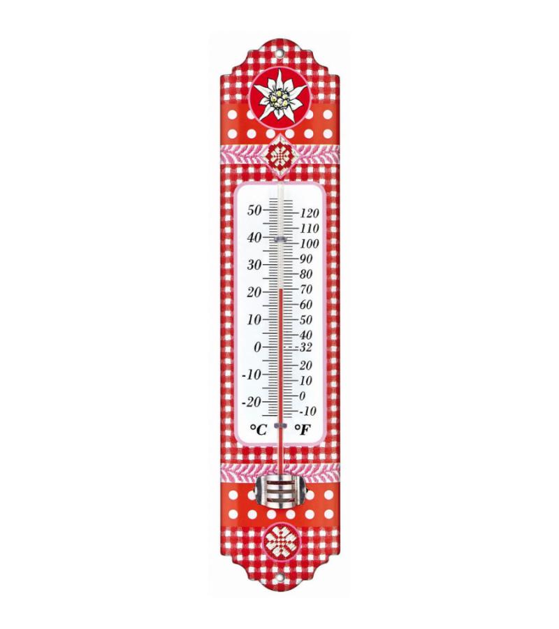 Metalen thermometer Alpen 29 cm rood voor gebruik binnen en buiten